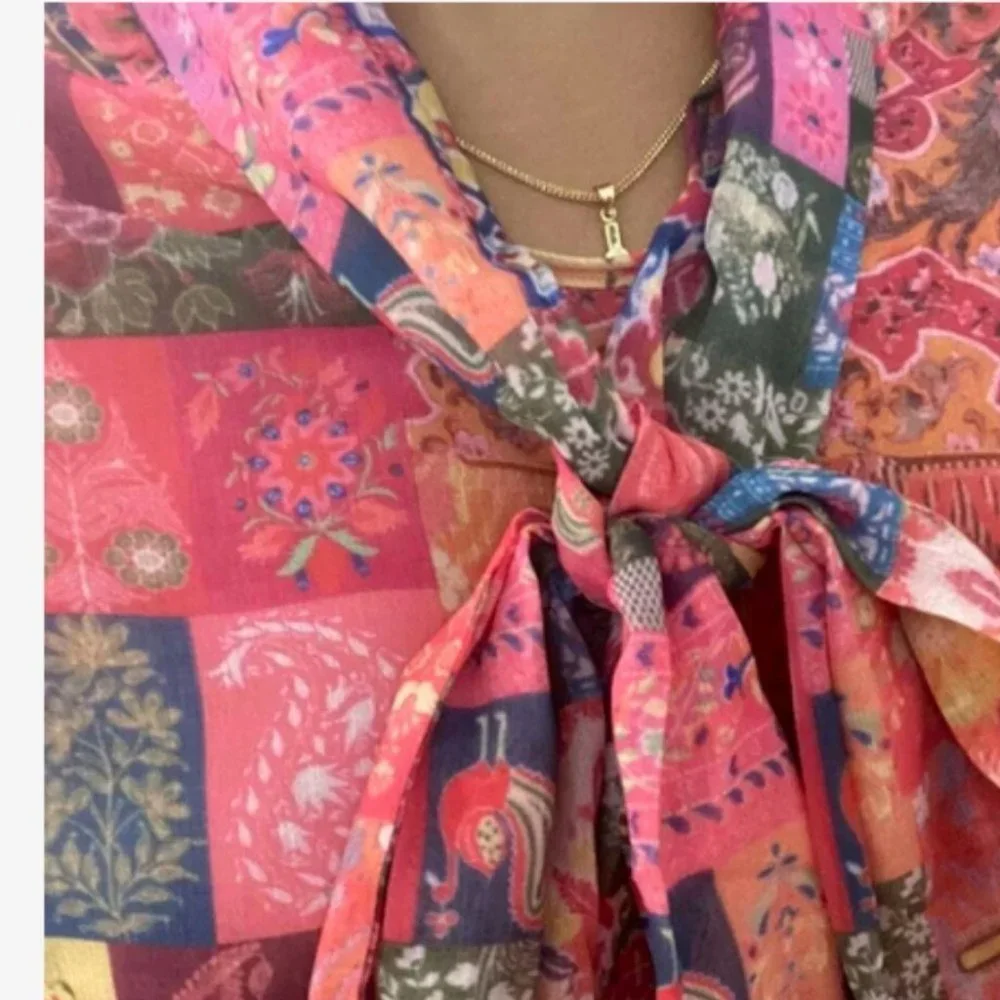 Boho Patchwork long Sleeve Tie Neck Blouse Multi color - Picture 9 of 10